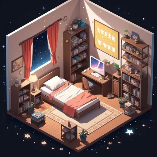 Prompt: Room full of Stars in isometric anime art style
