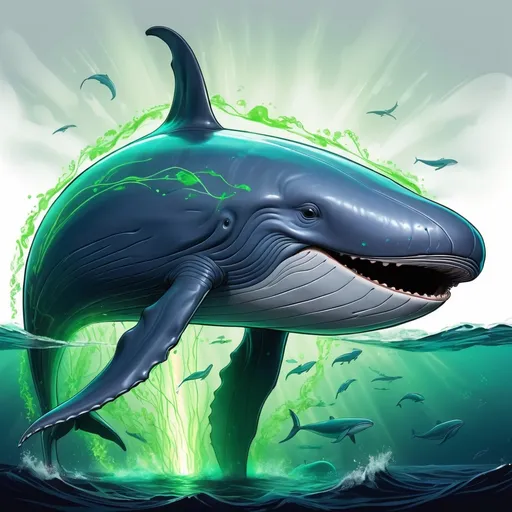 Prompt: Blue whale glowing with green energy, drawing in all the energy from surrounding ocean life, in ink style, masterpiece, best quality, background deep ocean