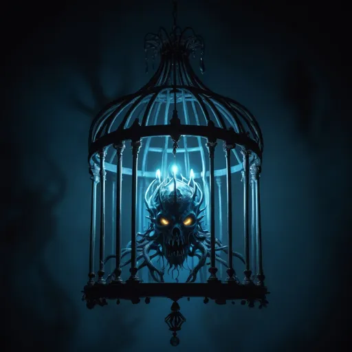 Prompt: A cage that contains a monster from the darkest abyss and a ayleid chandelier hanging down glowing eerie blue light over it, in eclectic art style