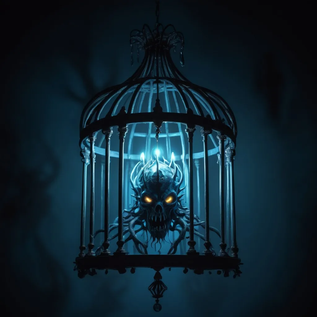 Prompt: A cage that contains a monster from the darkest abyss and a ayleid chandelier hanging down glowing eerie blue light over it, in eclectic art style