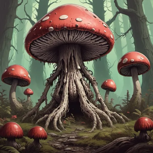 Prompt: A Mighty myconid who's touch doom's all background nightmare mushroom forest, in bohemion art style 