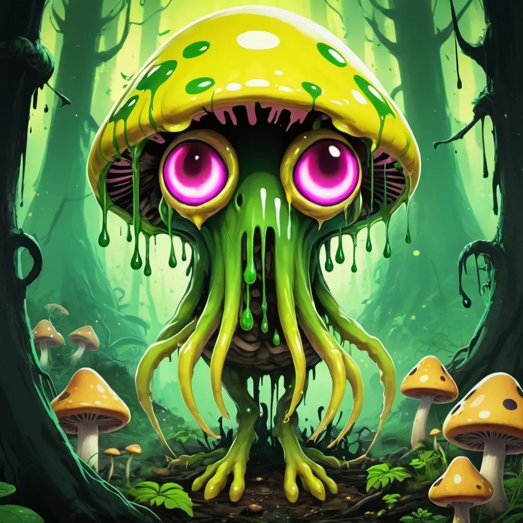 Prompt: Myconid of toxic greens and yellows and glowing green eyes and claws that is dripping acid from its pores and mushrooms, background toxic forest, in splatoon art style