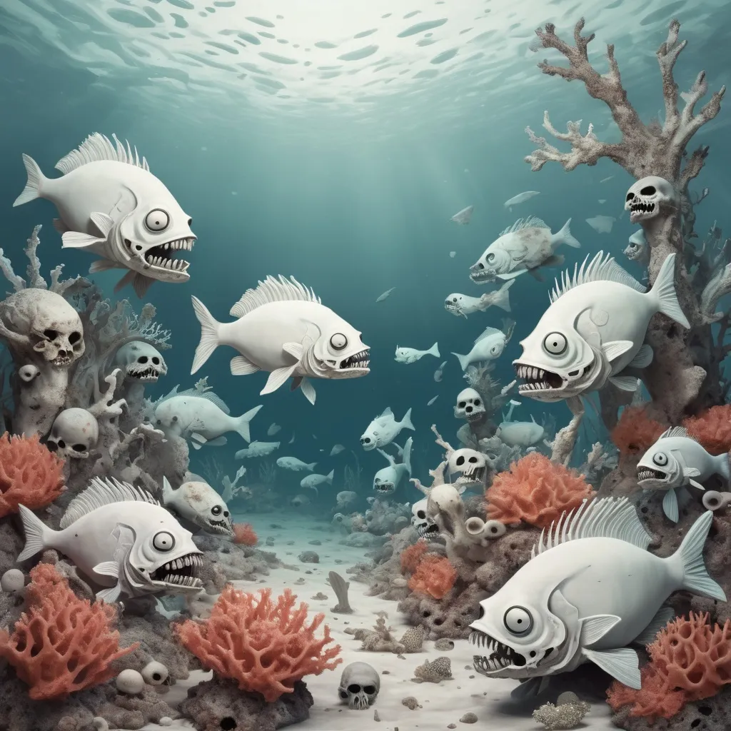 Prompt: A coral reef as white as bone dead and undead with zombie fish drifting within, in surrealism art style
