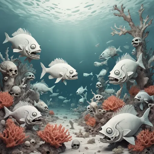 Prompt: A coral reef as white as bone dead and undead with zombie fish drifting within, in surrealism art style
