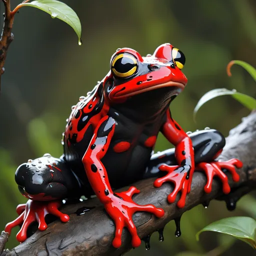 Prompt: red and black frog covered in splotchy markings, sitting on a branch dripping with venom, Masterpiece, Best Quality