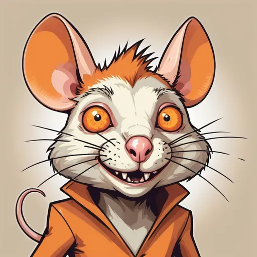Prompt: A orange and cream rat with a wild crazy look in their eye as they super fang, in card art style