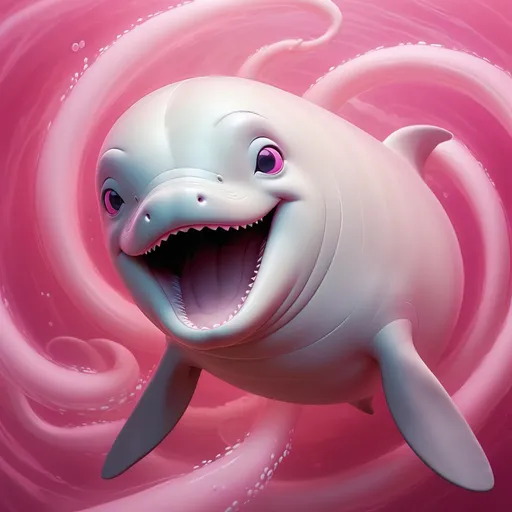 Prompt: Beluga Whale with warm happy eyes as a swirl of pink mist surrounds them, in anime portrait art style, masterpiece, best quality
