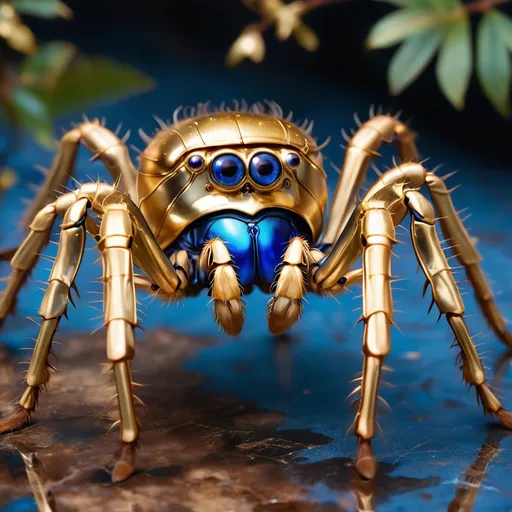 Prompt: tarantula clad in shimmering gold exoskeleton with a tan neck fluff and blue spider eyes
