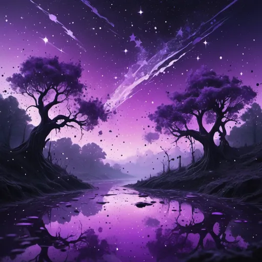 Prompt: beautiful Like storybook steeped in nightmare bathed in a purple sky Stars splattered like flecks of paint. Falling. in electronic dreamscape art style
