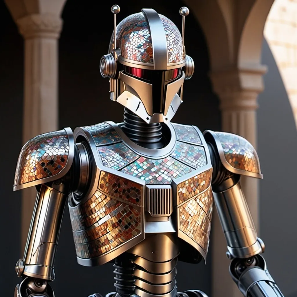 Prompt: IG-88 covered in metallic scales in plique-a-jour art style

