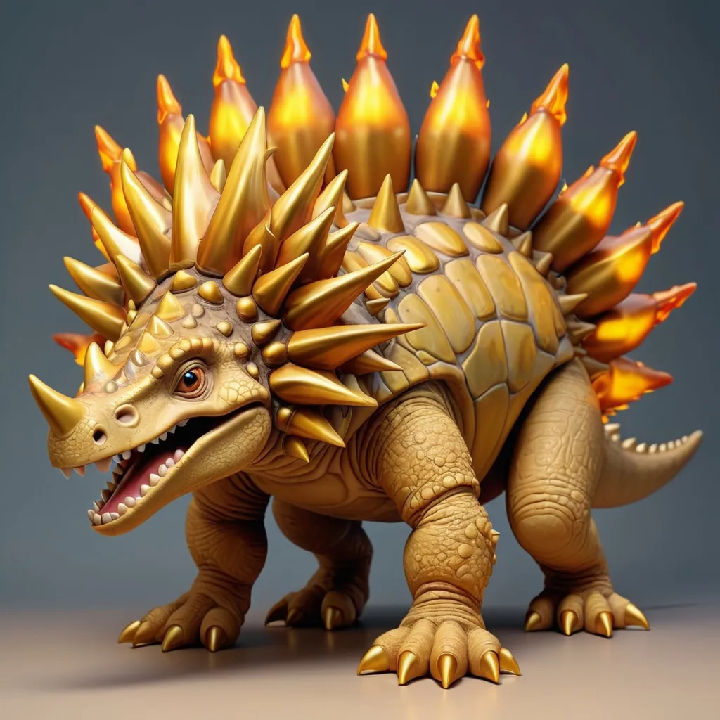 Prompt: Stegosaurus in golden colors with the back spikes made of radiant golden flames, sacred, masterpiece, best quality, in coloring book art style