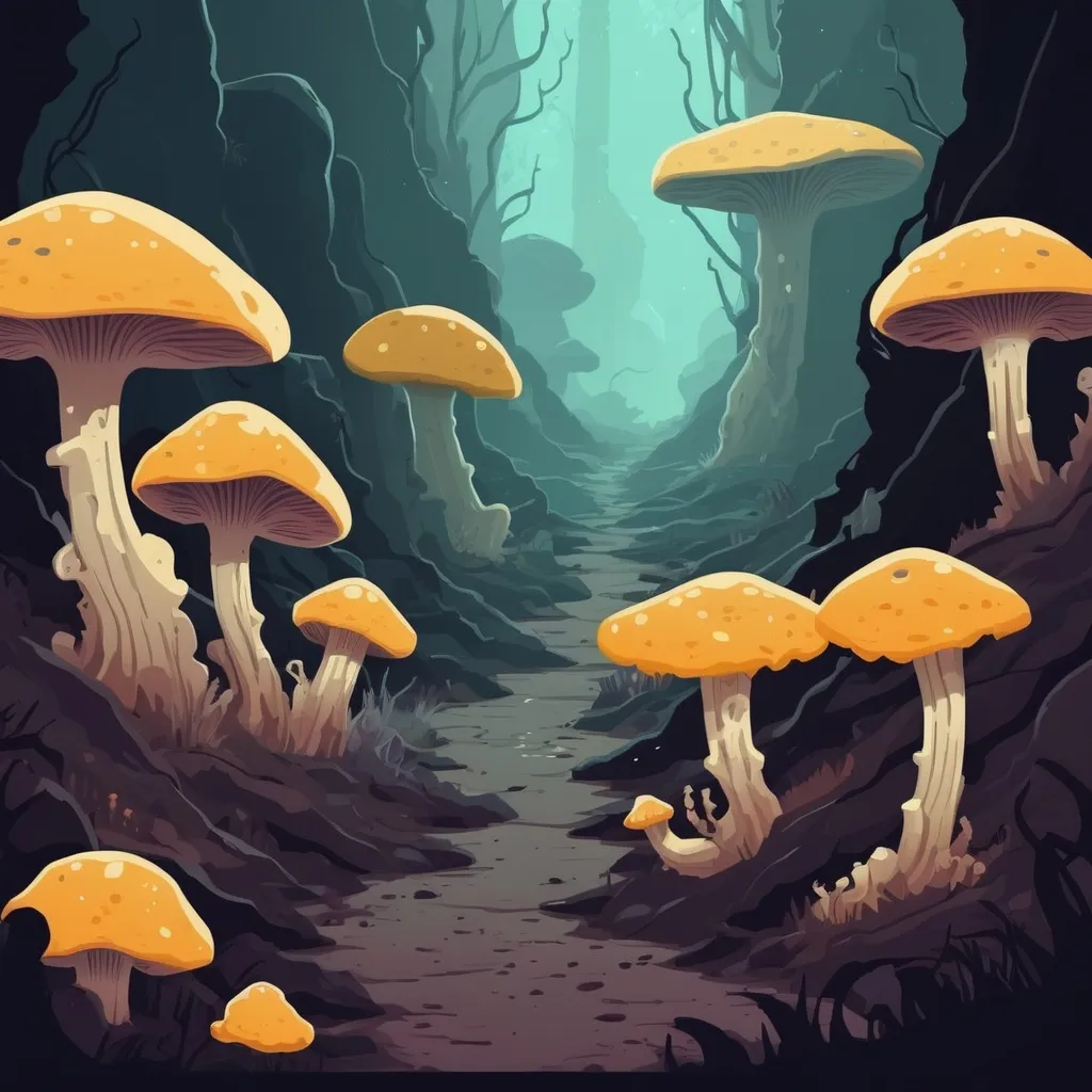 Prompt: Barrow Trench is a deep delve filled with exotic fungus some are luminant, in Flat Design art style