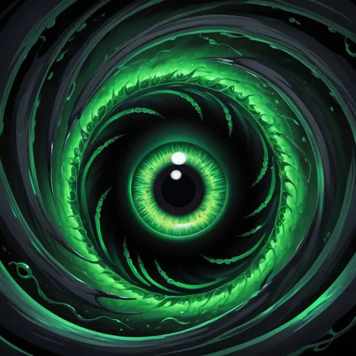 Prompt: Kraekan Black Hole, a swirl of ebony black and vivid venomous green with tentacles swirling out and floating glowing green eye staring from the abyss, in anime art style
