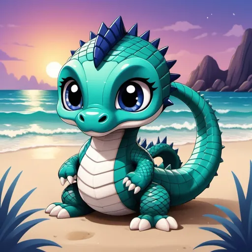 Prompt: Giant cobra with navy blue and sky blue scales blue-green fins and dorsal fin and white jagged spikes background twilight beach in chibi art style