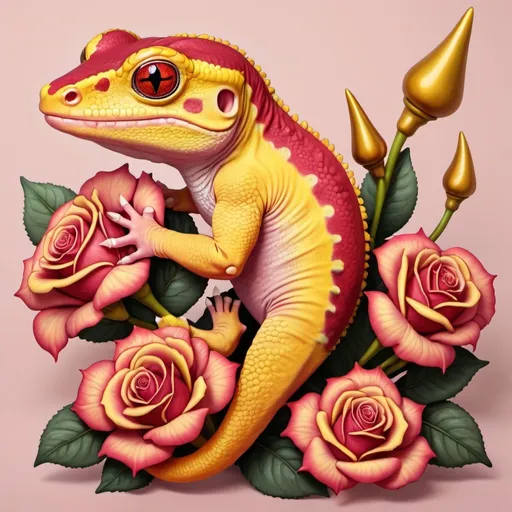 Prompt: giant red and yellow fat gecko with trumpets in rose art style
