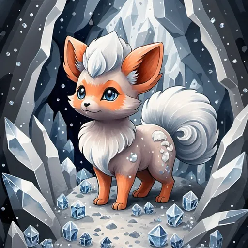 Prompt: Silver colored Vulpix and covered in Silver crystals background crystal cave, in gouache painting art style
