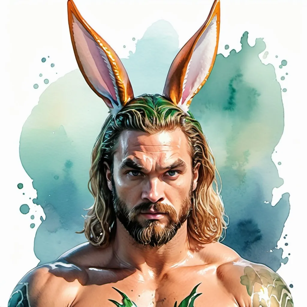 Prompt: Aquaman with bunny ears, in watercolor painting art style