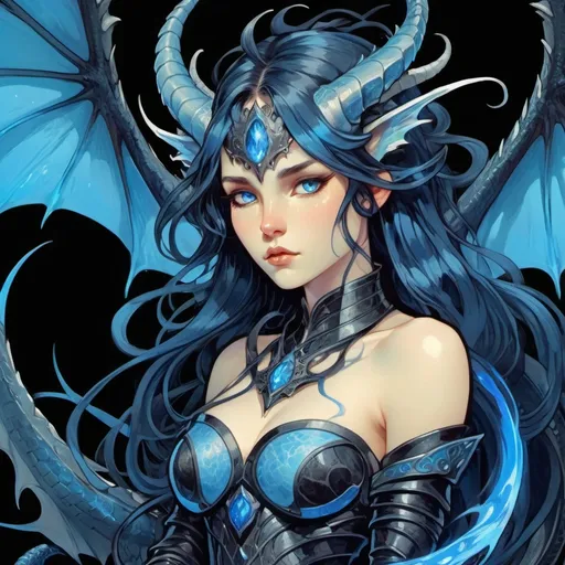 Prompt: Black and Light-blue scaled Dragon monster girl with horns tipped with blue fire intense eyes a long tail with a blue flame on it  and jagged dragon wings with dark blue membrane, wearing armor
