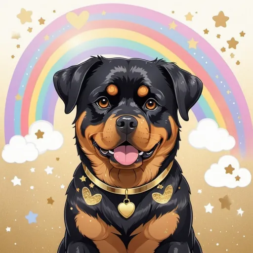 Prompt: Rottweiler in gold and silver fur, in dokukawaii art style, background rainbows