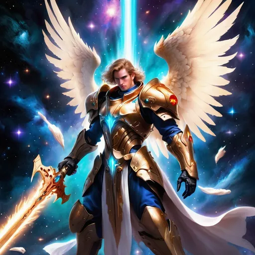 Prompt: A lost angel in the depths of space wielding a forbidden weapon with the power of the stars in it Fang Blade Havoc