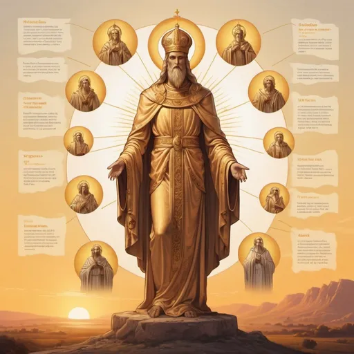 Prompt: According to an enduring legend, 9 noble saints were united and reincarnated as this creature  in infographic drawing golden hour art style