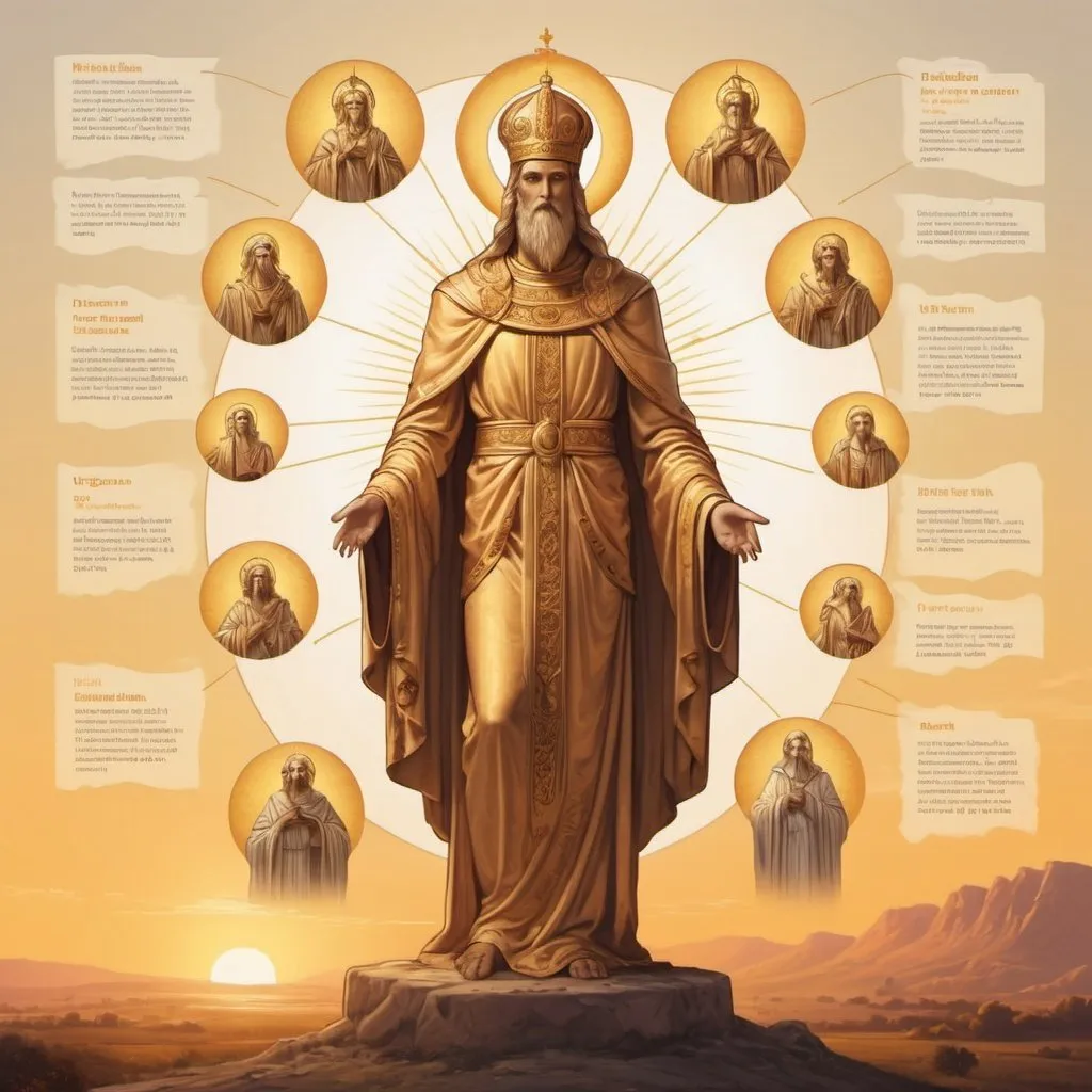 Prompt: According to an enduring legend, 9 noble saints were united and reincarnated as this creature  in infographic drawing golden hour art style