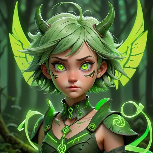 Prompt: Magical Transformation Girl with dark green and swamp green costume with neon green collar ribbons and rune markings, bright green short hair with green tendril horns and glowing yellow eyes and swamp green and vivid green wings, masterpiece, best quality