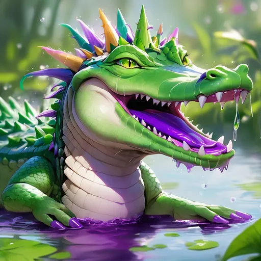 Prompt: Alligator with vivid green scales spiked head long purple tongue that floats through the air
