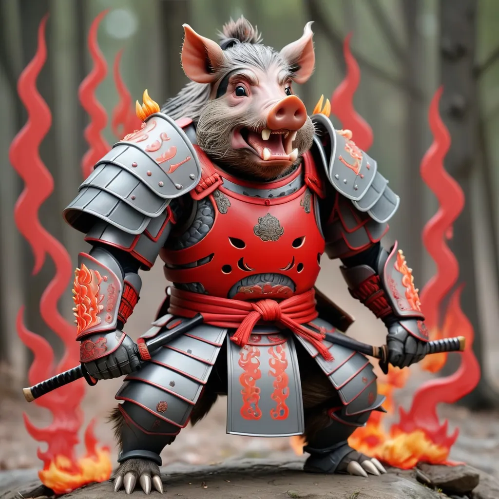 Prompt: Wild Boar covered in  red and grey samurai armor with flames all around them, Masterpiece, Best Quality