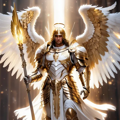 Prompt: Centurion dressed in stunning gold and white armor with glowing archangel wings and a angel bow in hand with glowing feathered arrow, background heavenly, best quality, masterpiece