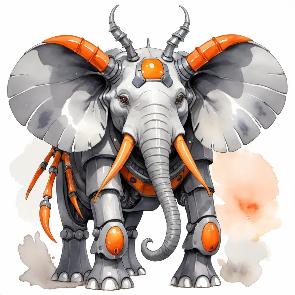 Prompt: light-gray Elephant covered in gray mecha armor with a long orange stag-beetle-like horn with gray round tips and orange tusks, in watercolor anime art style