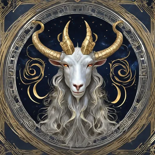 Prompt: Anammelech Demon Goat, lunar demon, graceful horns and flowing mane, colors are moon silver and gold, background is night sky with crescent moon, best quality, masterpiece, in art deco art style