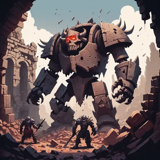 Prompt: Construct Slayer deep in ruins slaying deadly ancient automatons, background dwarven ruins, in 2D illustration Style art style