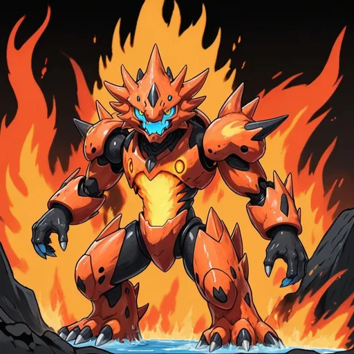 Prompt: A digimon who's entire body is ablaze and burning fiercely with a wild temperament, colors are primarily orange and orange-red with black and light-blue eyes, background lava and magma pools in color sketch note art style