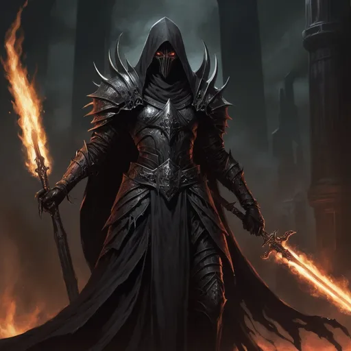 Prompt: Boethiah appeared before them terrible and resplendent arrayed in ebony darker than a moonless night wielding a blade burning hot, in Phyrexian Horror art style