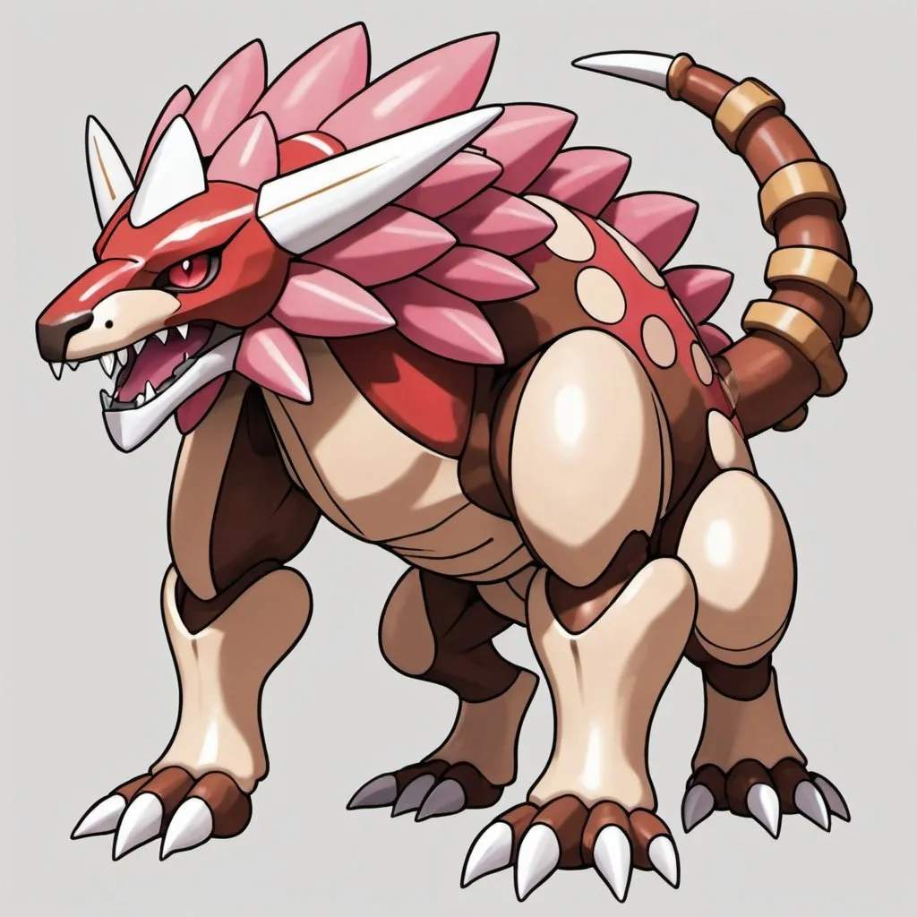 Prompt: Ancient Megatheriumon with white red-pink tan and brown palette in Ken Sugimori art style