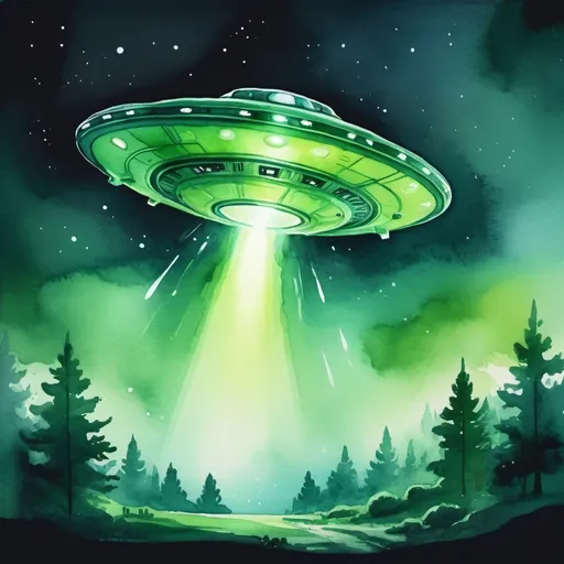 Prompt: UFO glowing bright green, watercolor painting art style