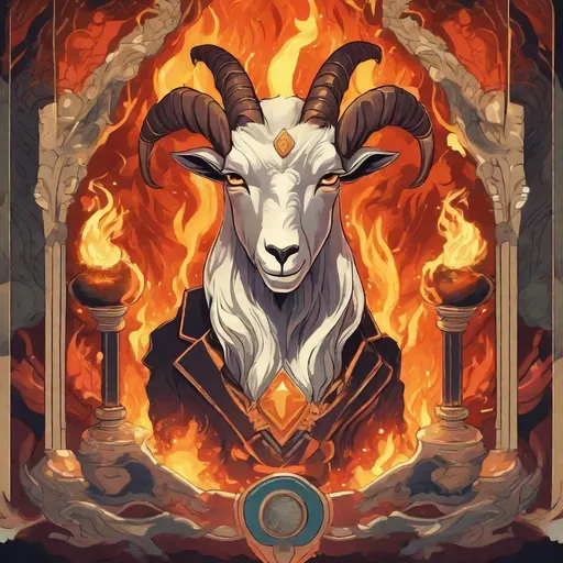 Prompt: Amy Demon Goat, President, made of flame and fire, reveals treasures, treasure cave background, best quality, masterpiece, in art deco art style