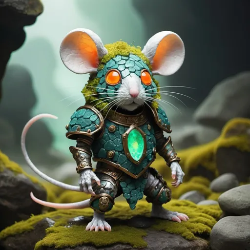 Prompt: Bipedal creature resembling a mouse that is covered in rock armor that is half teal and half ice-white and covered in vivid green moss with three glowing orange eyes in organic art style