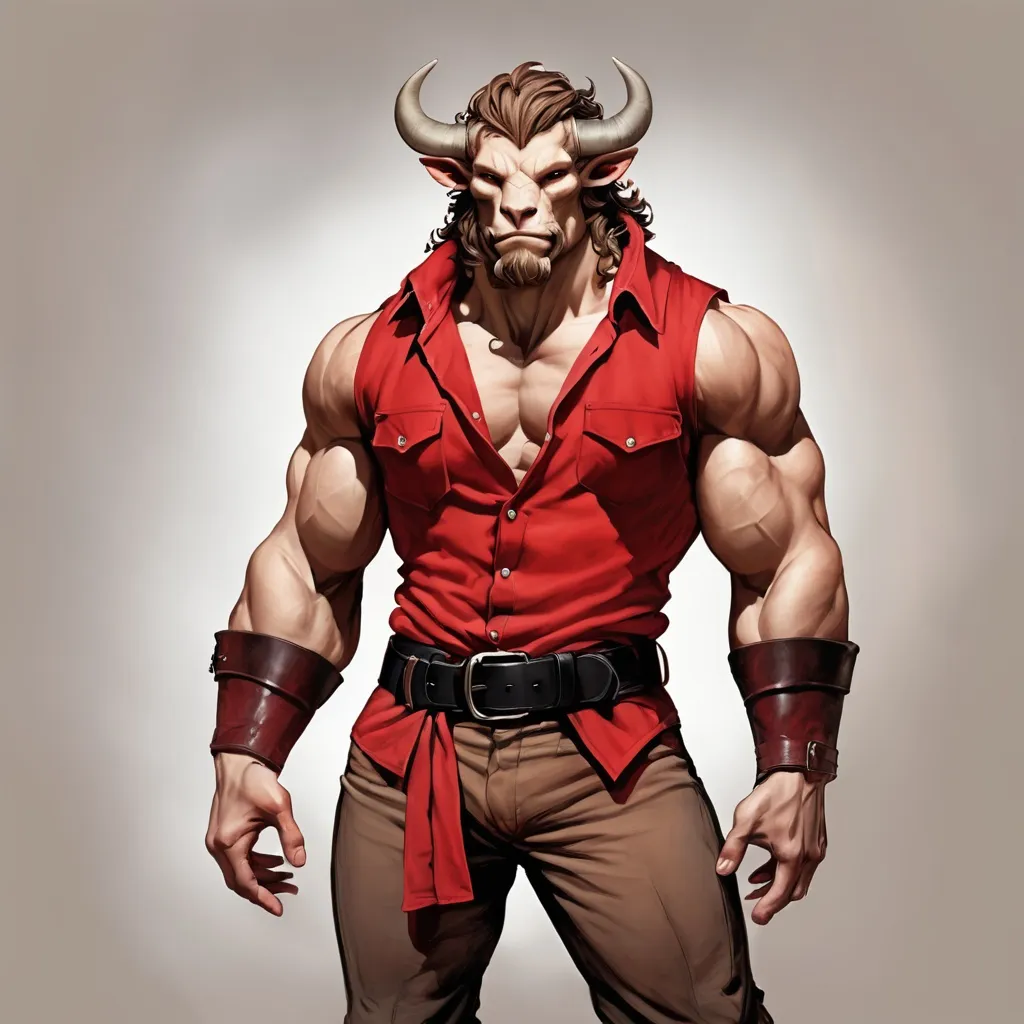 Prompt: Minotaur Wearing Basch's Clothes which are a light-tan shirt with a red vest with black straps and belt and pants