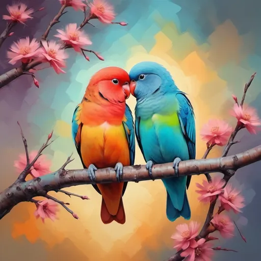 Prompt: Lovebirds in stunning colors resting on a branch next to each other, in oil painting art style
