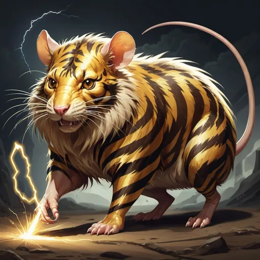 Prompt: A large electric rat with golden fur and brown tiger-like stripes their tail impossibly long with a lighting bolt on it calling down thunder upon the land, in card art style