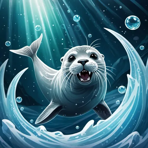 Prompt: A graceful ice seal with saber fangs swimming under frozen sea with long silky fins and bubbles all around them as beams of ice and aurora swirl around them in card art style
