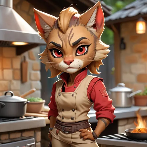 Prompt: Abernura is a female khajiit chef with rusty brown fur and tan muzzle wearing red shirt with a tan vest and pants, in chibi art style, background outdoor kitchen