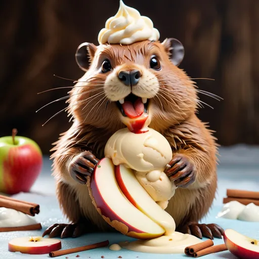 Prompt: Beaver with tan fur sprinkled with cinnamon and apple slices growing from fur topped with vanilla ice-cream, Masterpiece, Best Quality