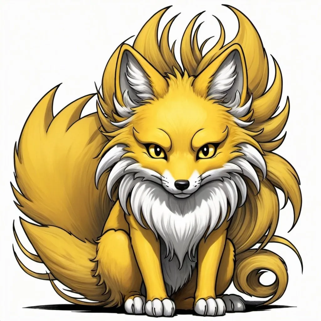 Prompt: yellow kitsune with many tails and fluffy mane in Jeff Smith art style
