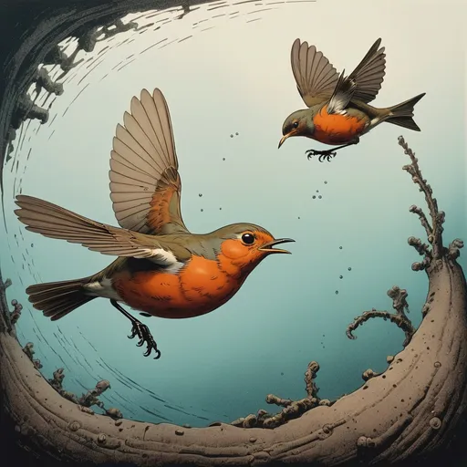 Prompt: Robin diving at a worm only to change direction and crash into another bird, in aquatint art style, masterpiece, best quality