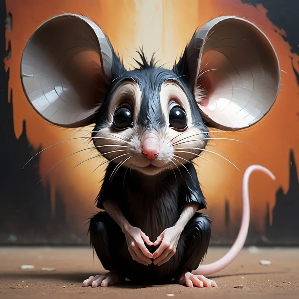 Prompt: A mouse with big black ears and a overly long tail in adnate art style
