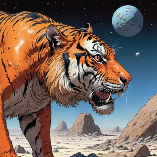 Prompt: tiger asteroid in Jean Giraud art style