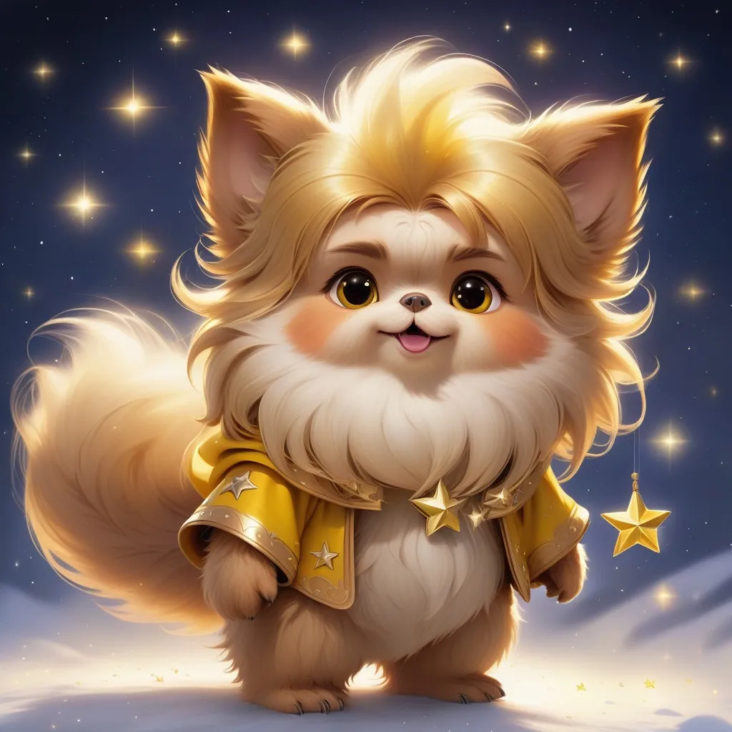 Prompt: Ewok with yellow fur and golden fluffy tuft of hair and ears with a star shaped tail standing happily behind golden shooting stars, masterpiece, best quality